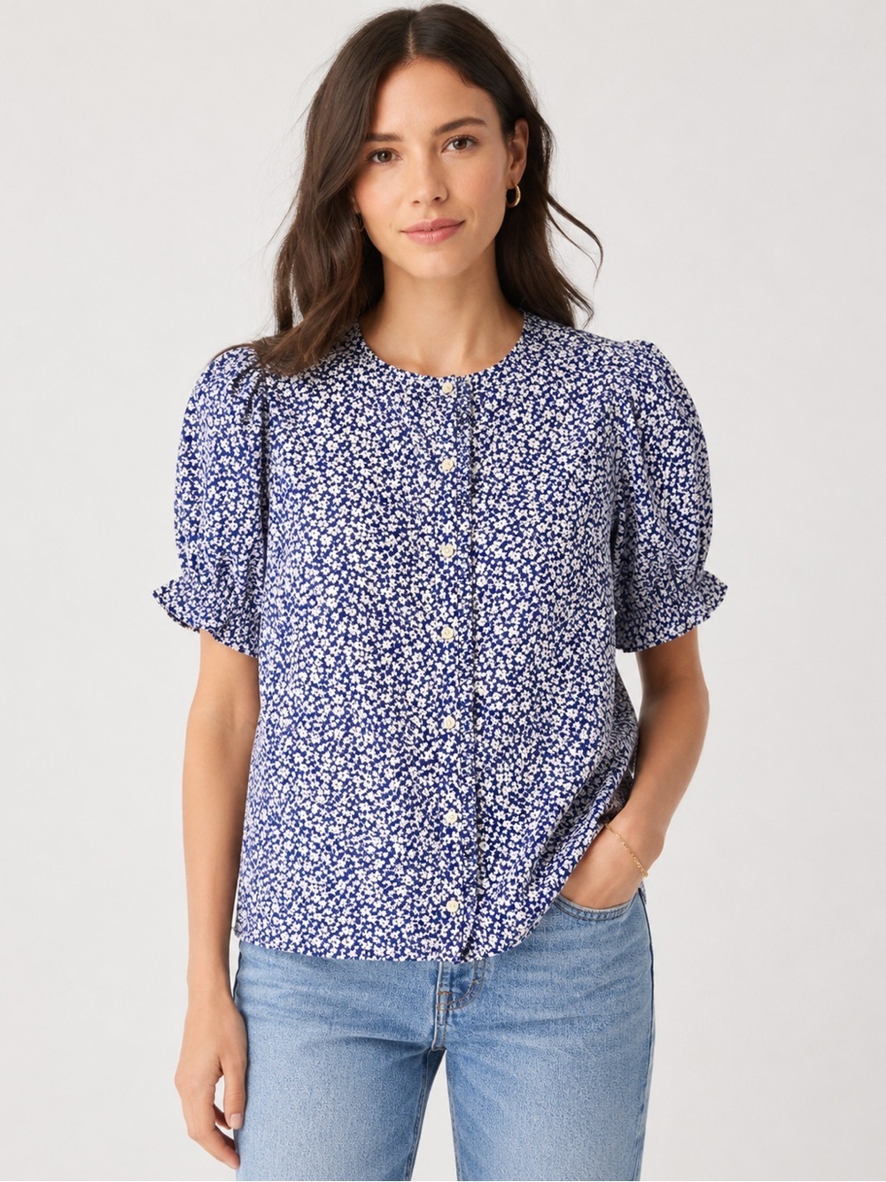 J.Crew Blue White Floral Puff Sleeve Button Front Blouse Size S